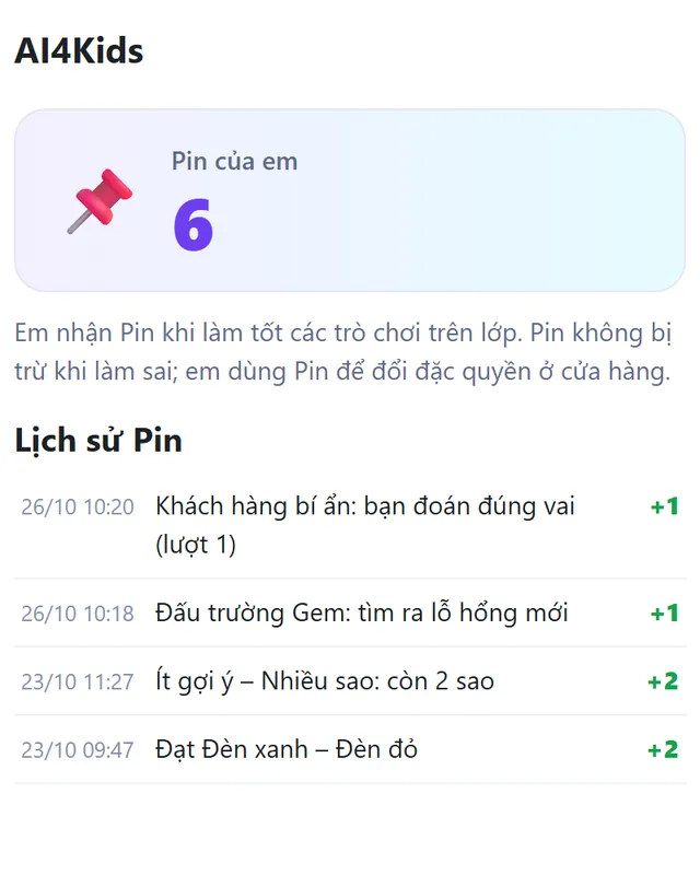 Giao diện Pin của em trên EduFuture LMS