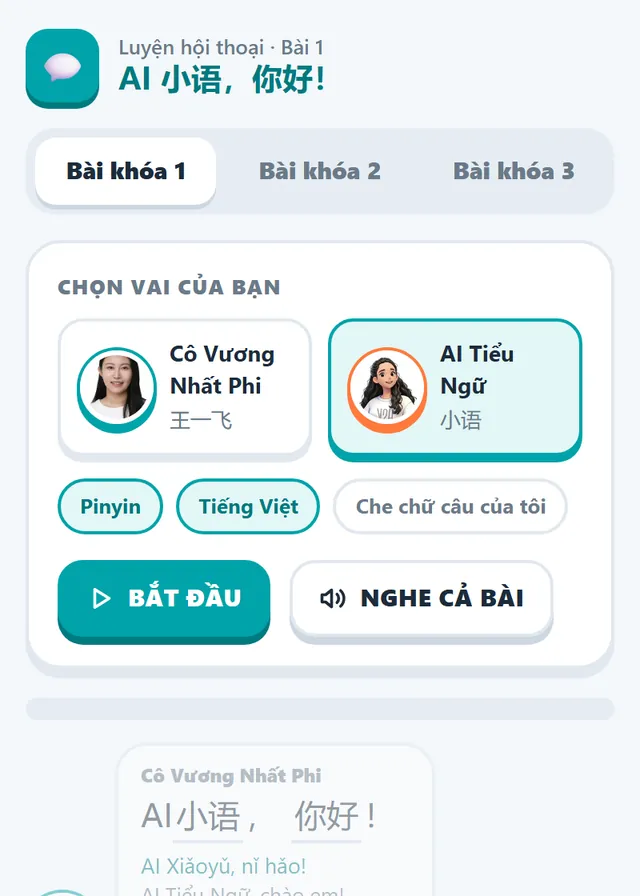 Giao diện Luyện hội thoại theo vai trên EduFuture LMS