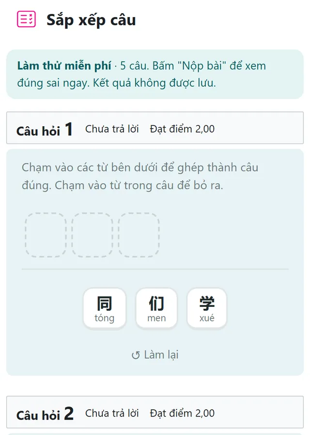 Giao diện Sắp xếp câu trên EduFuture LMS
