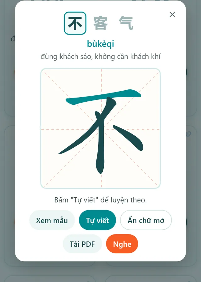 Giao diện Luyện viết chữ Hán trên EduFuture LMS
